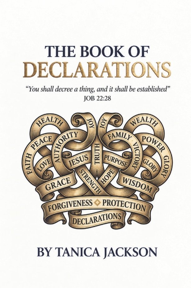 Cover of The Book of Declarations by Tanica Jackson, with gold ribbons spelling faith, peace, love, grace, hope and more